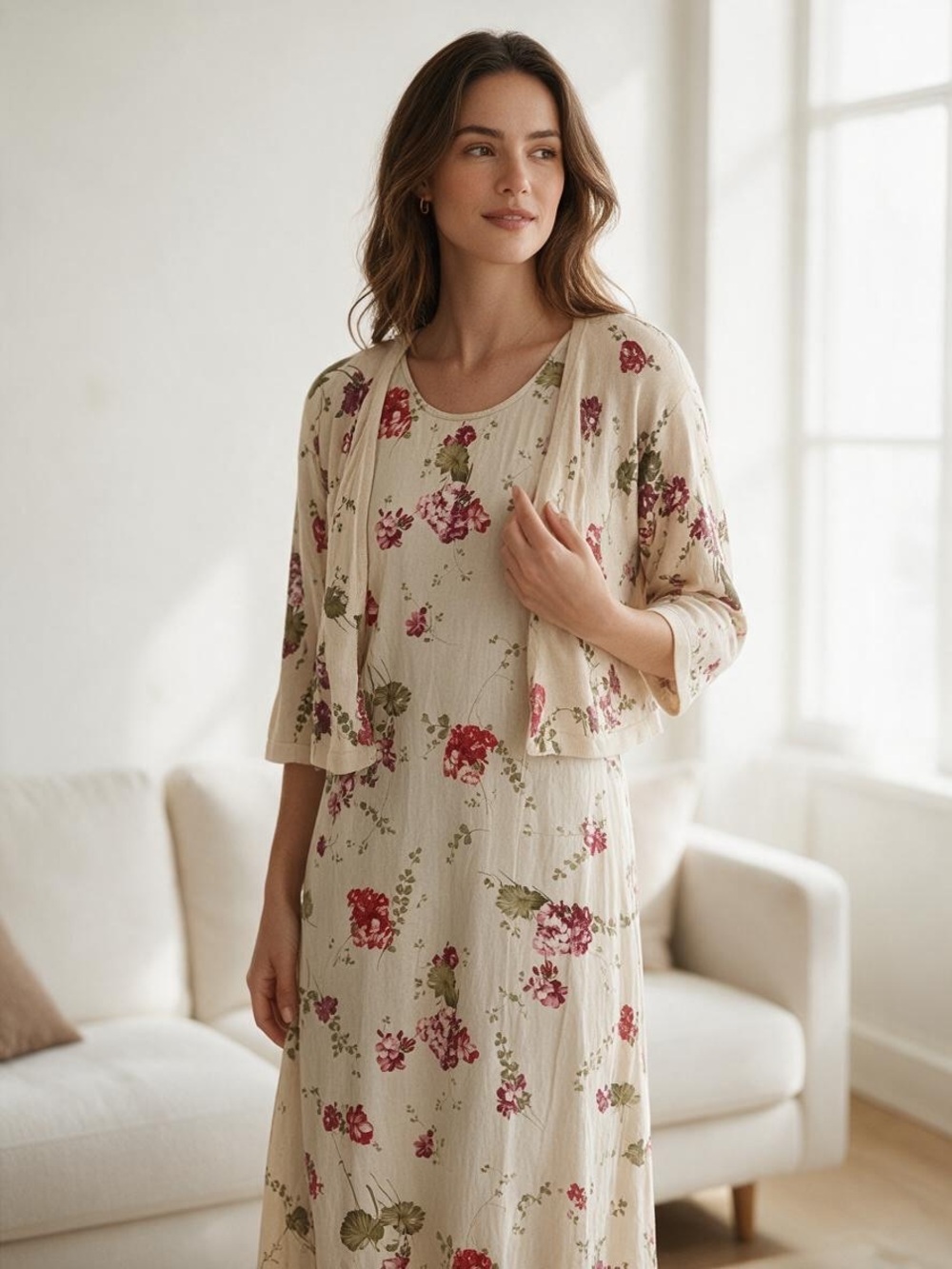 Cream Floral Midi Dress with Coordinating Cream Cardigan